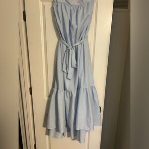 Strapless blue and white striped dress